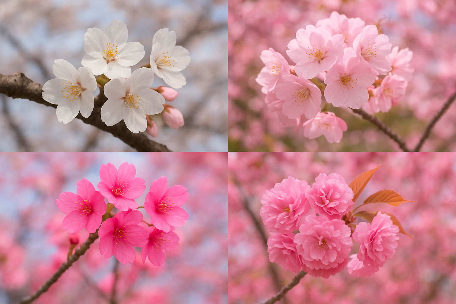 Diverses fleurs issues de variétés différentes de pruniers
