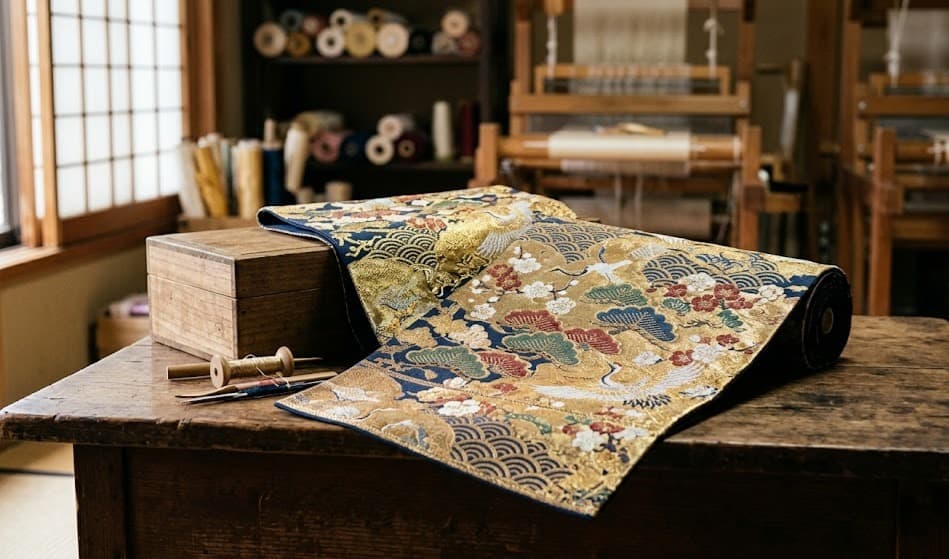 Obi japonais en soie de style Nishijin-ori