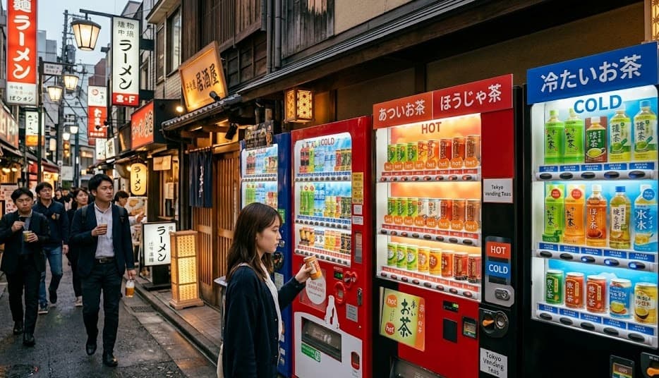 Thés japonais vendus dans un distributeur automatique au Japon