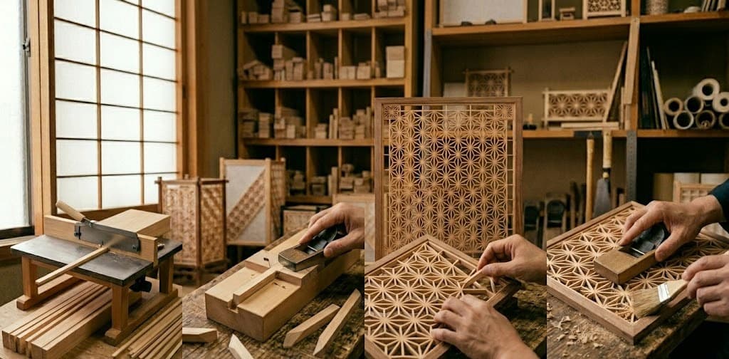 Artisan japonais réalisant un panneau en kumiko