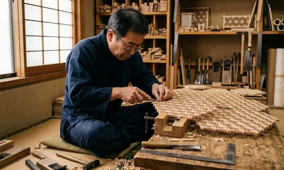 Artisan travaillant le bois selon la technique du kumiko