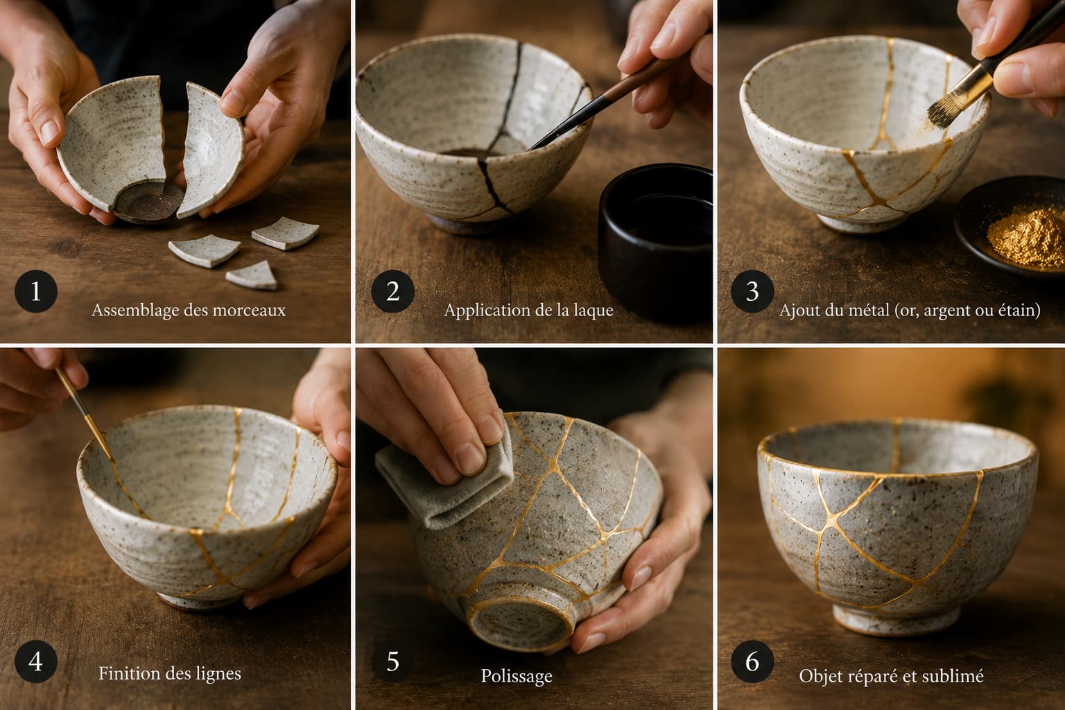 Les étapes de réparation d’une céramique en kintsugi
