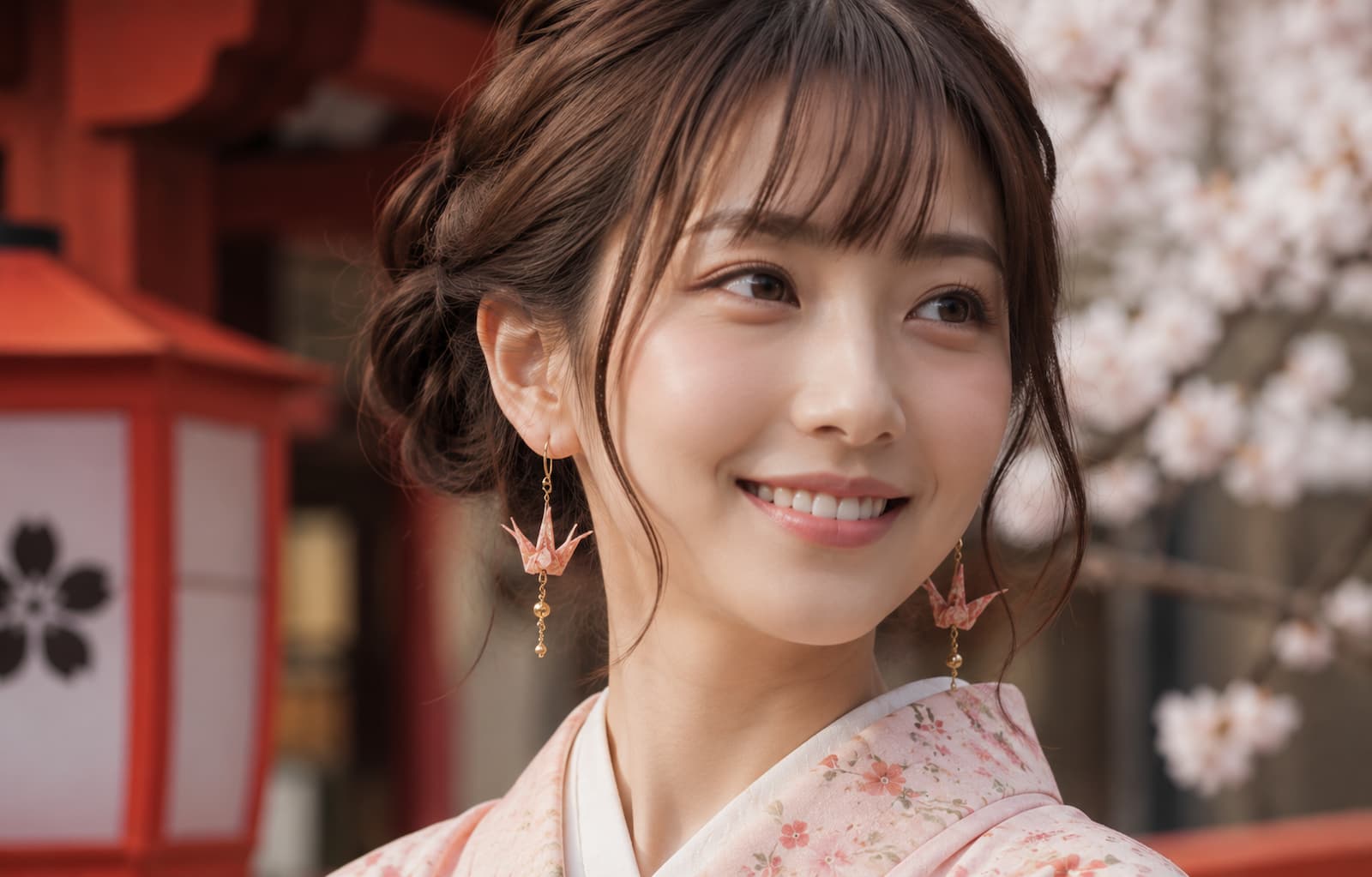 Jeune japonaise portant des boucles d'oreilles origami en forme de grues
