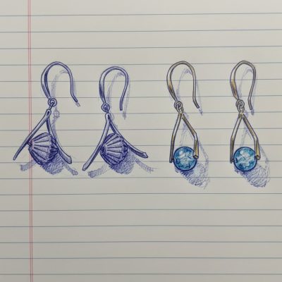 Sketch des boucles d'oreilles composant le set Courbes élégantes : Violet Alpin et Lagon Cristallin