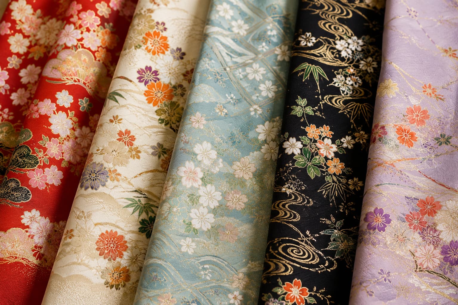 Motifs traditionnels fleuris japonais sur soie