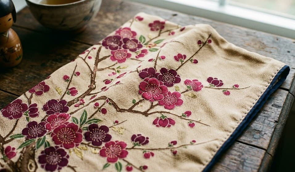Morceau de kimono à fleurs de prunier japonais (fleur de prunier notamment)