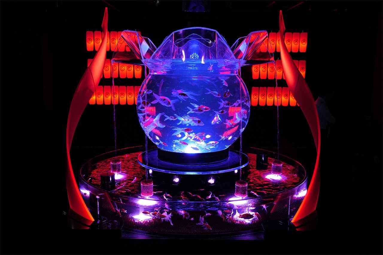 Des poissons rouges nageant dans un bassin en forme de casque de samuraï avec des jeux de lumières à l'art aquarium de Ginza