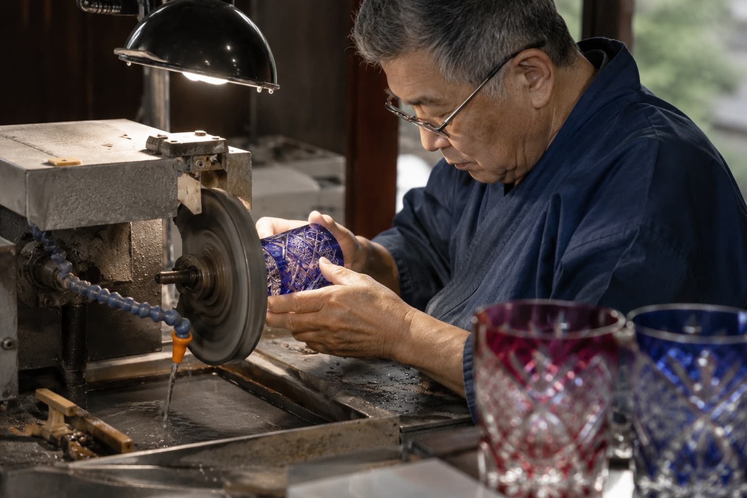 Artisan japonais réalisant une taille sur un verre Edo Kiriko