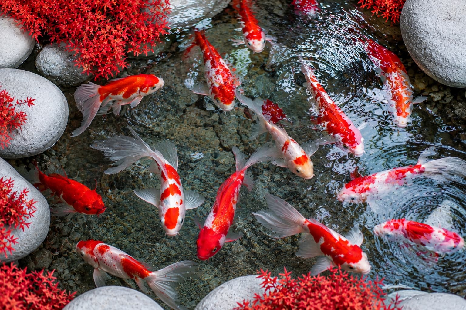 Carpes japonaises nageant dans un bassin