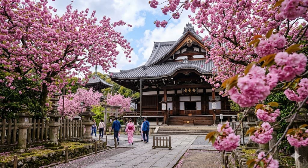Temple japonais et cerisiers Kanzan