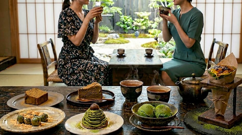 Quelques desserts aux thés japonais : Pound cake Hojicha, Cheese cake basque au Hojicha, Thé Hojicha chaud, Dango matcha-kinako, Mont-Blanc au Matcha, Glace au Matcha et Crêpe brûlée au Matcha