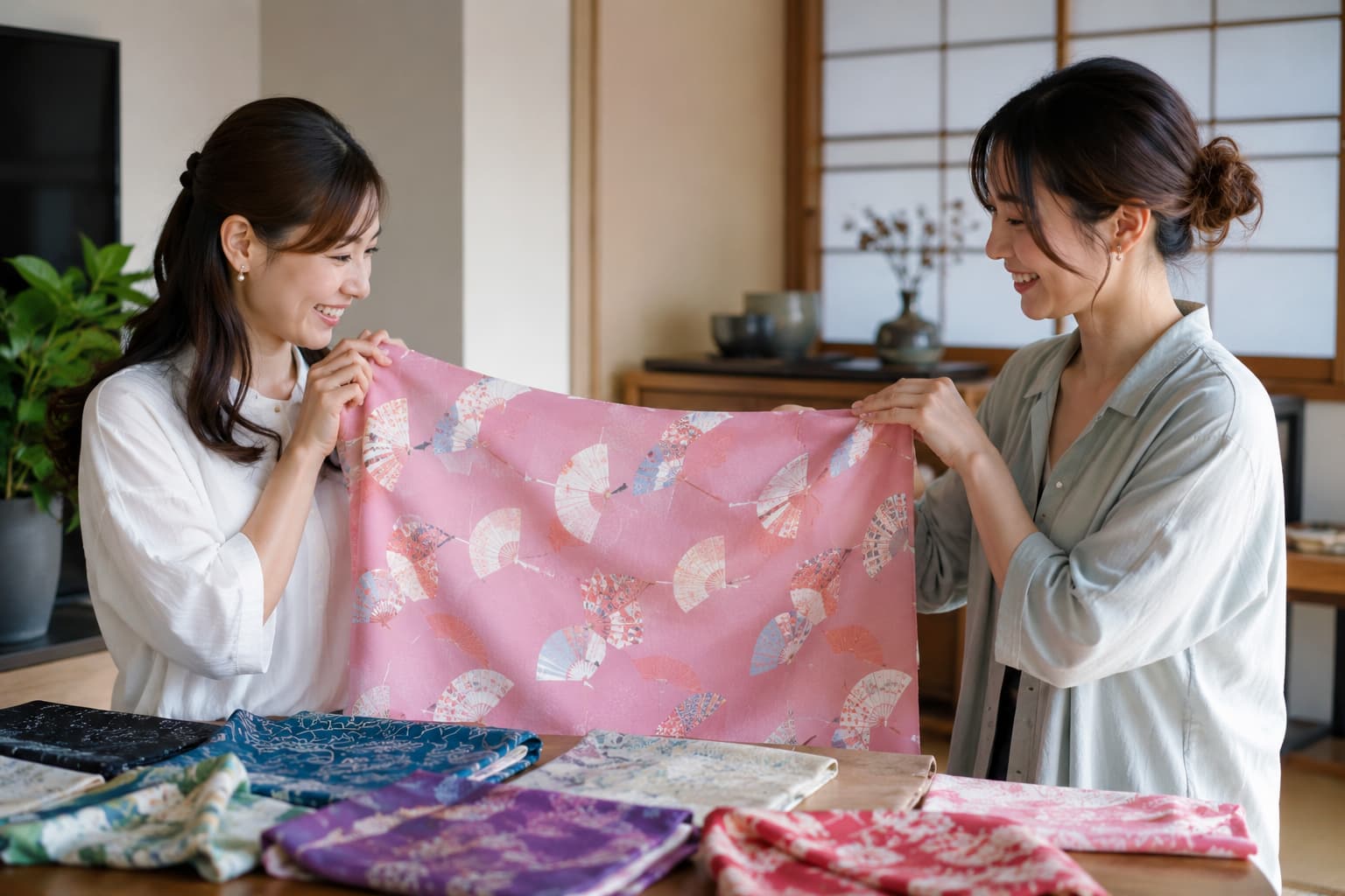 Deux femmes japonaises admirent des furoshiki