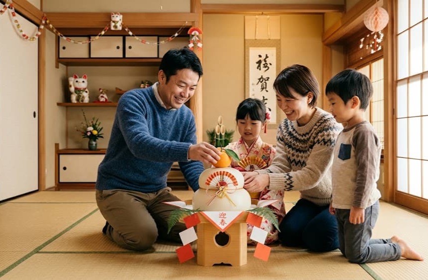Une famille décorant sa maison pour le nouvel an japonais au moyen d'un kagami mochi