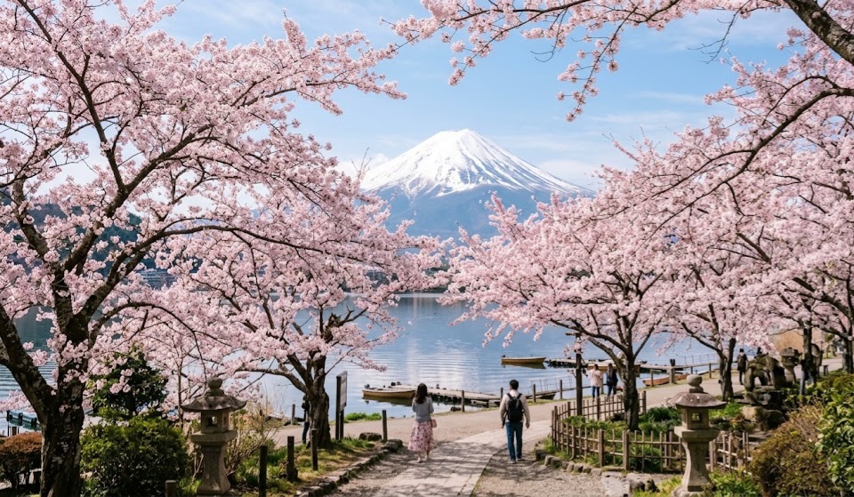 Cerisiers en fleurs devant le mont Fuji