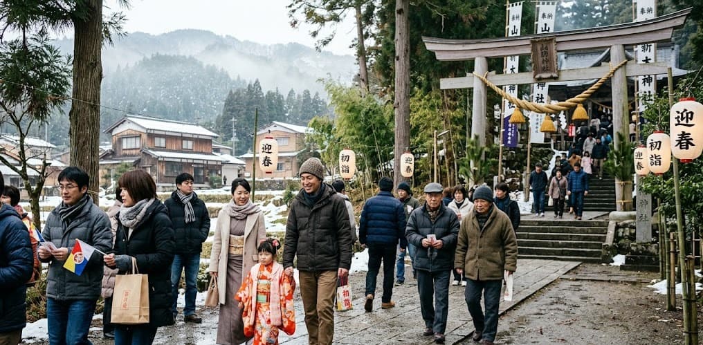 Japonais pratiquant le Hatsumōde pour la nouvelle année