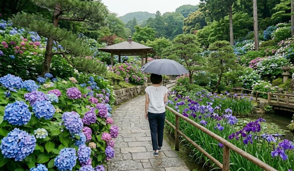 Des hortensias et des lys dans un parc