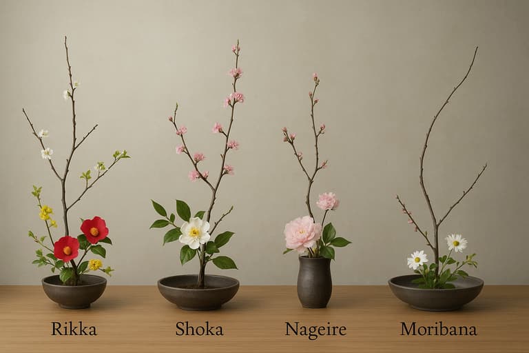 Composition Ikebana des styles Rikka, Shoka, Nageire et Moribana
