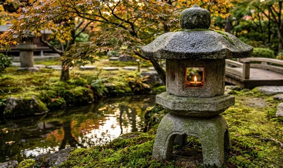Lanternes Tōrō dans un jardin japonais