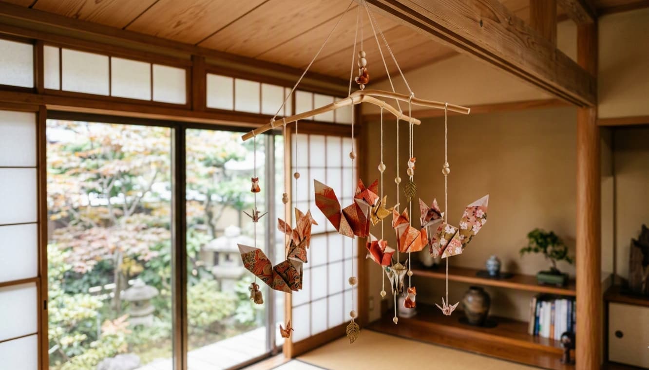 Photographie d'un mobile décoré de kitsune ou renards en origami
