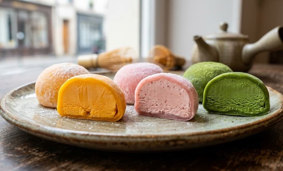 Mochi glacés à la mangue, à la fraise et au matcha proposés dans un salon de thé à Paris