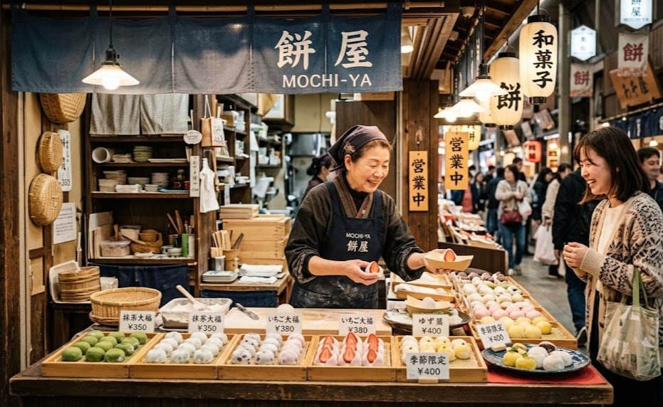 Un stand de rue proposant des mochis