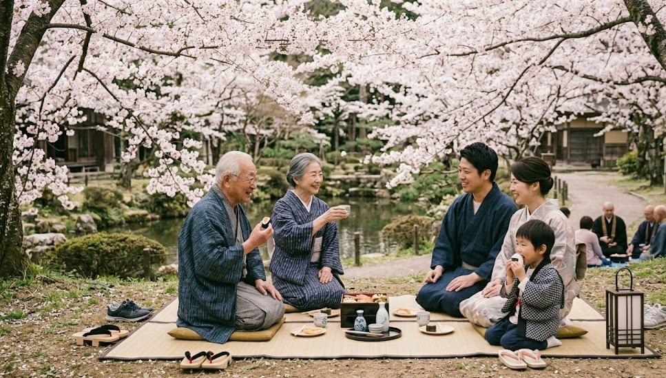 Hanami sous les cerisiers en fleurs au Japon