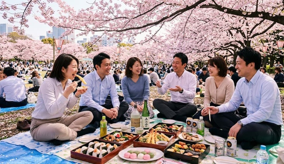 Pique-nique bento sous les sakura : onigiri, tempura, mocchi, bière et saké sont partagés