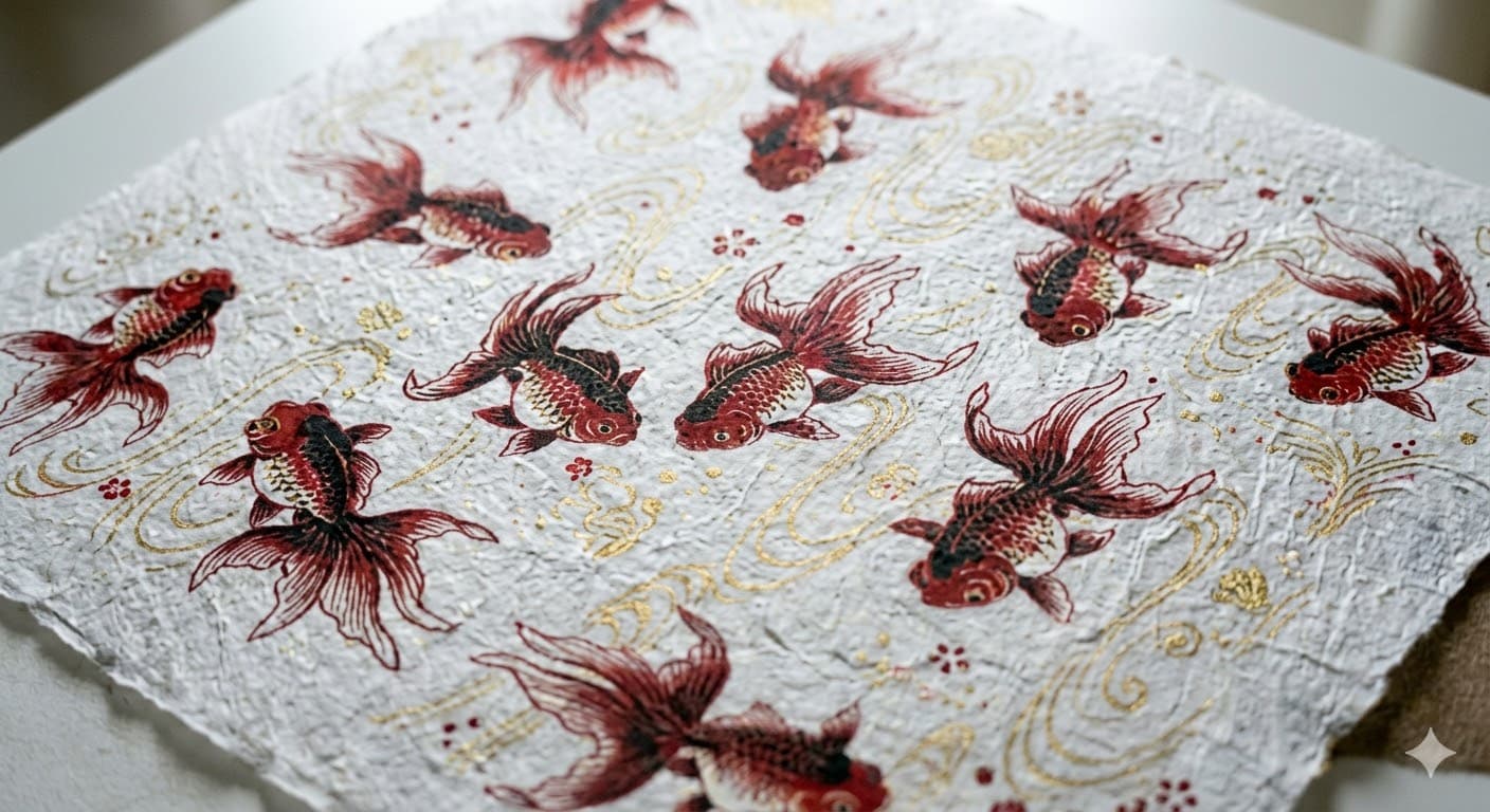 Motifs de poissons rouges sur du papier Washi japonais