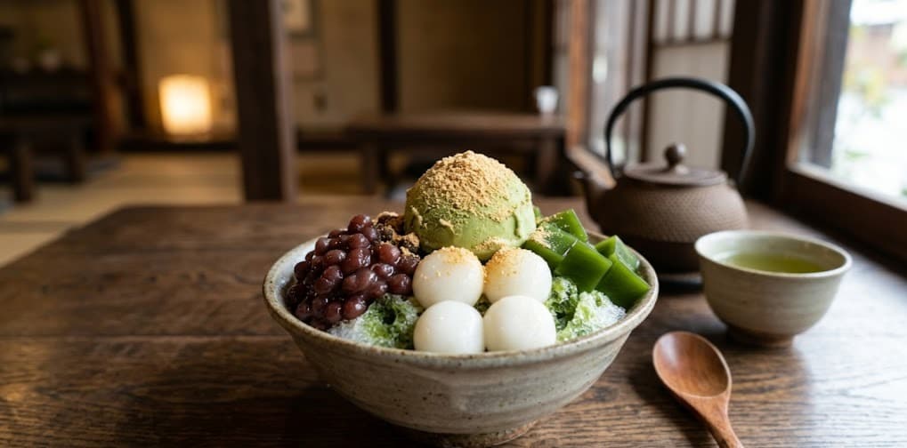 Coupe de glace pilée, glace au matcha accompagné de haricots sucrés, shiratama, jelly au matcha et poudre de kinako (soja)
