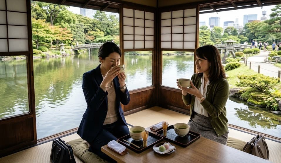 Jeunes femmes japonaises consommant un thé matcha chaud dans un salon de thé traditionnel dans un parc de Tokyo