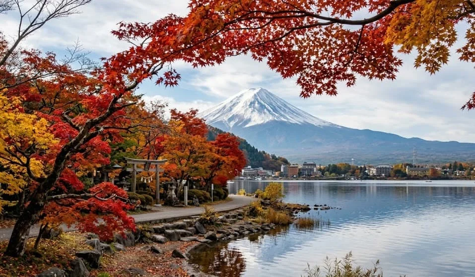 Des érables japonais flamboyants en automne près du Mont Fuji