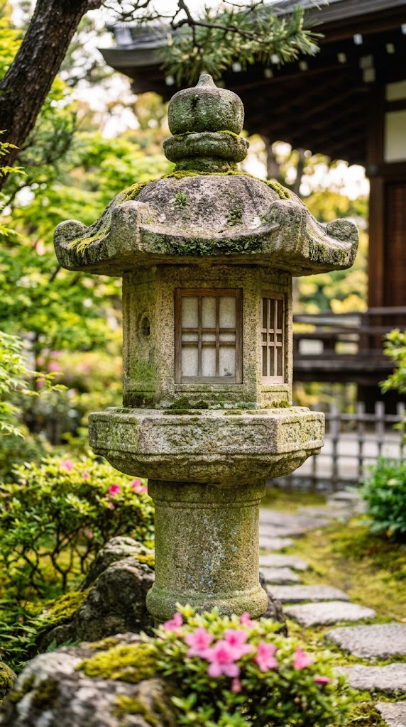 Lanternes Tōrō de style Rokkaku dans un jardin japonais